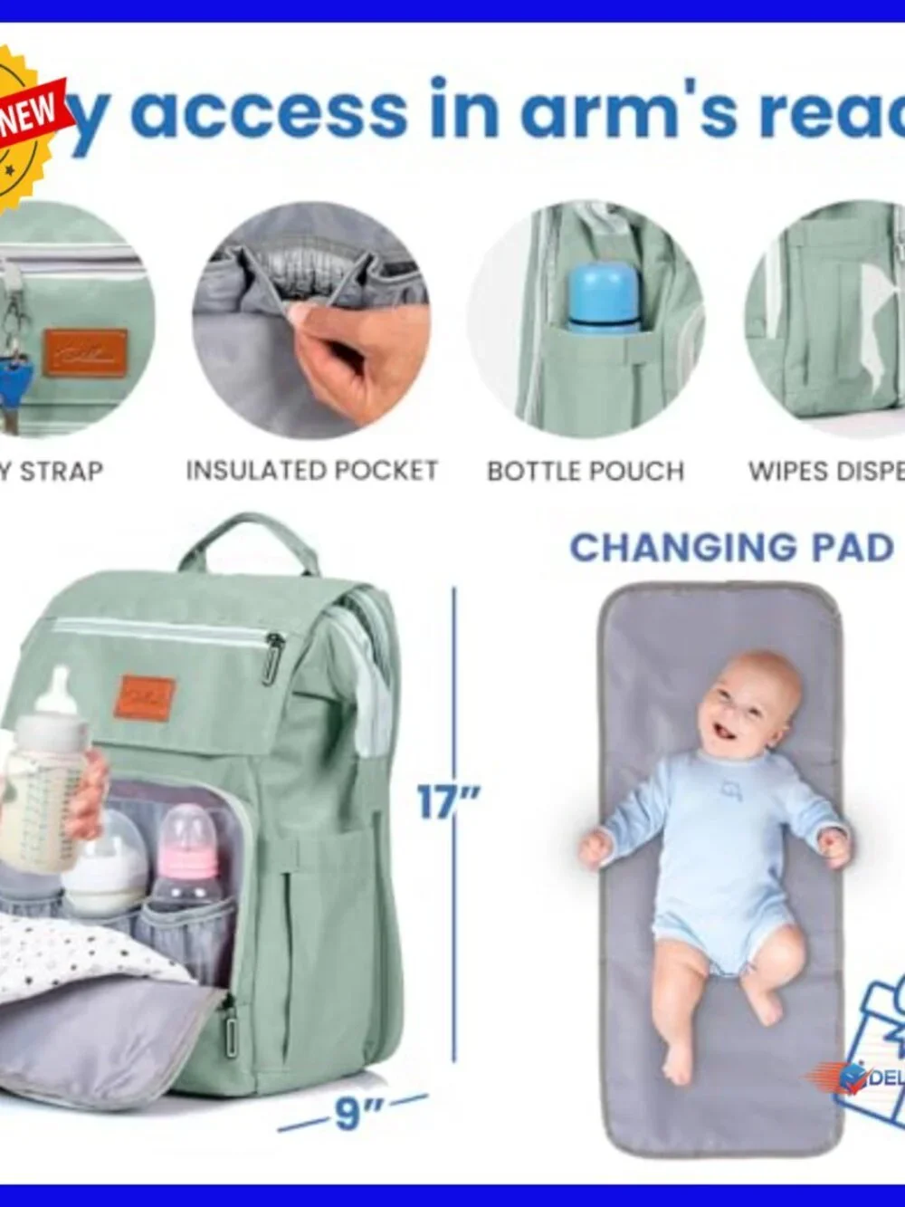 Large Waterproof Diaper Backpack with Changing Pad, 16 Pockets, Travel Bag